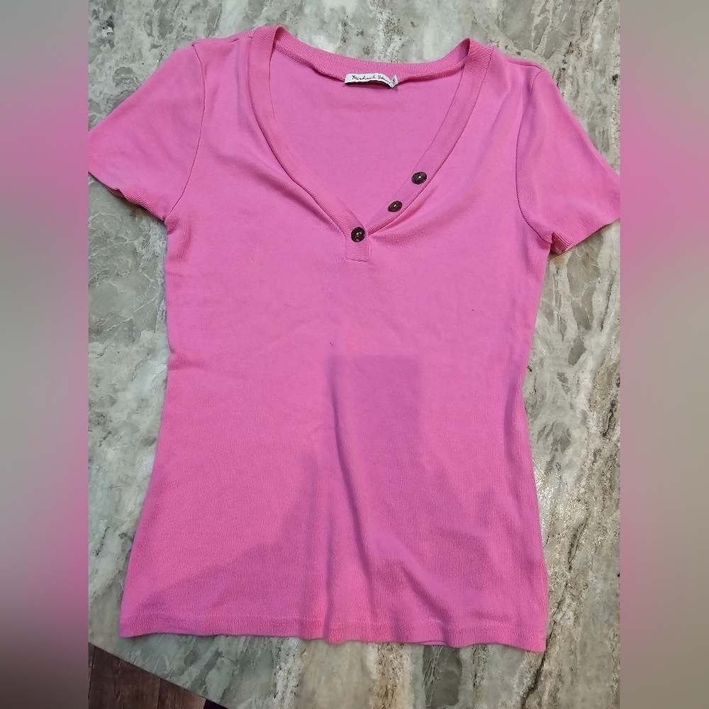 Michael Stars Women’s One Size Pink Ribbed Henley Top 3 Button Short Sleeve USA